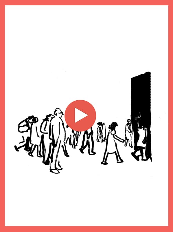 Il·lustració de persones entrant a un espai cultural