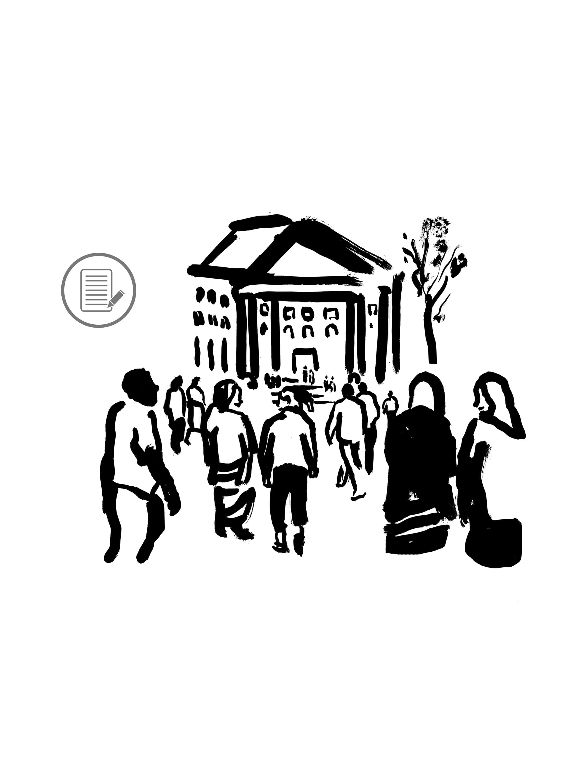 Il·lustració de persones davant d'un equipament cultural